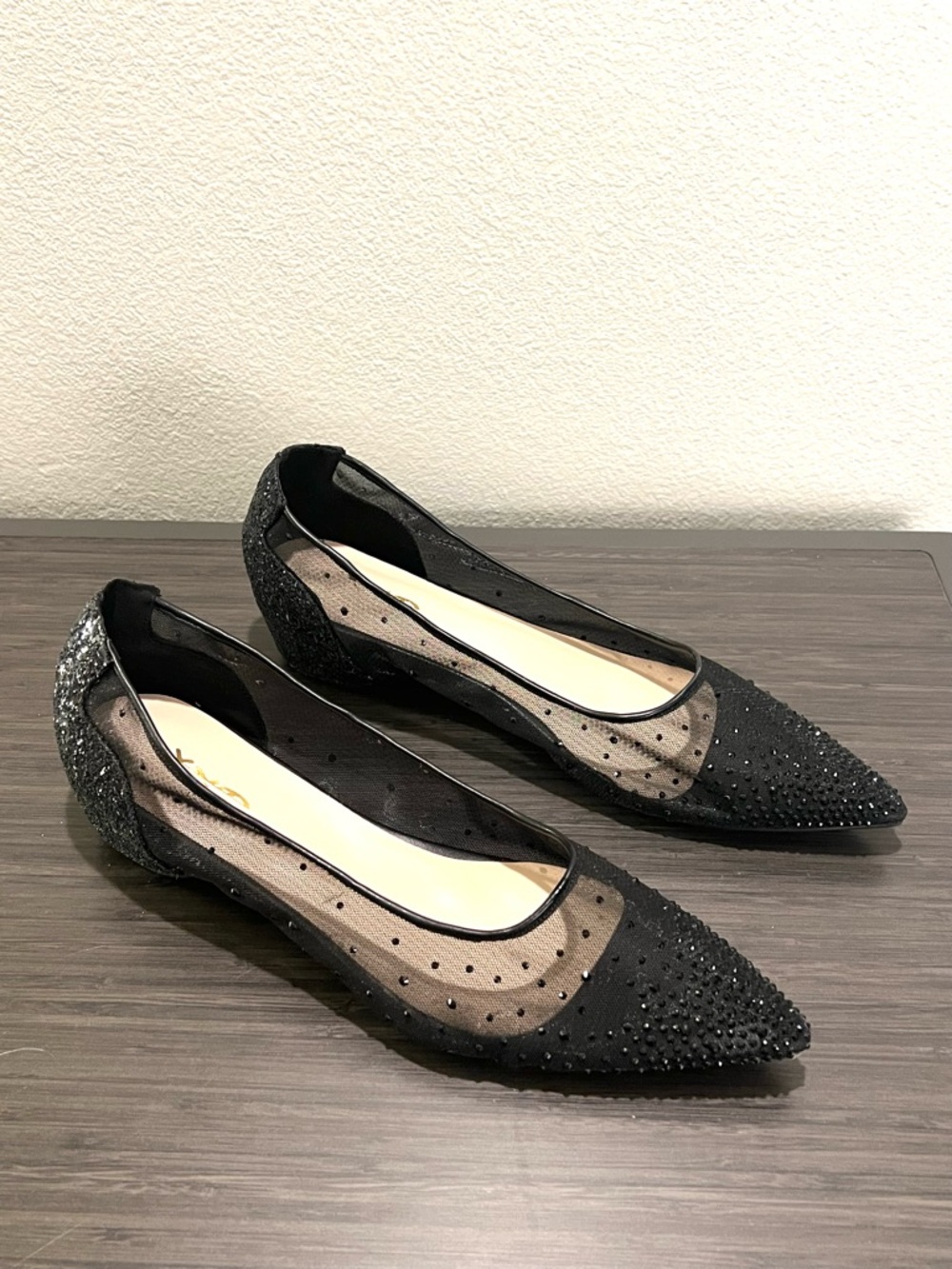 Black Rhinestone Mesh Pointed Toe Flats Sheer Sparkle Shoes Size 15 Evening